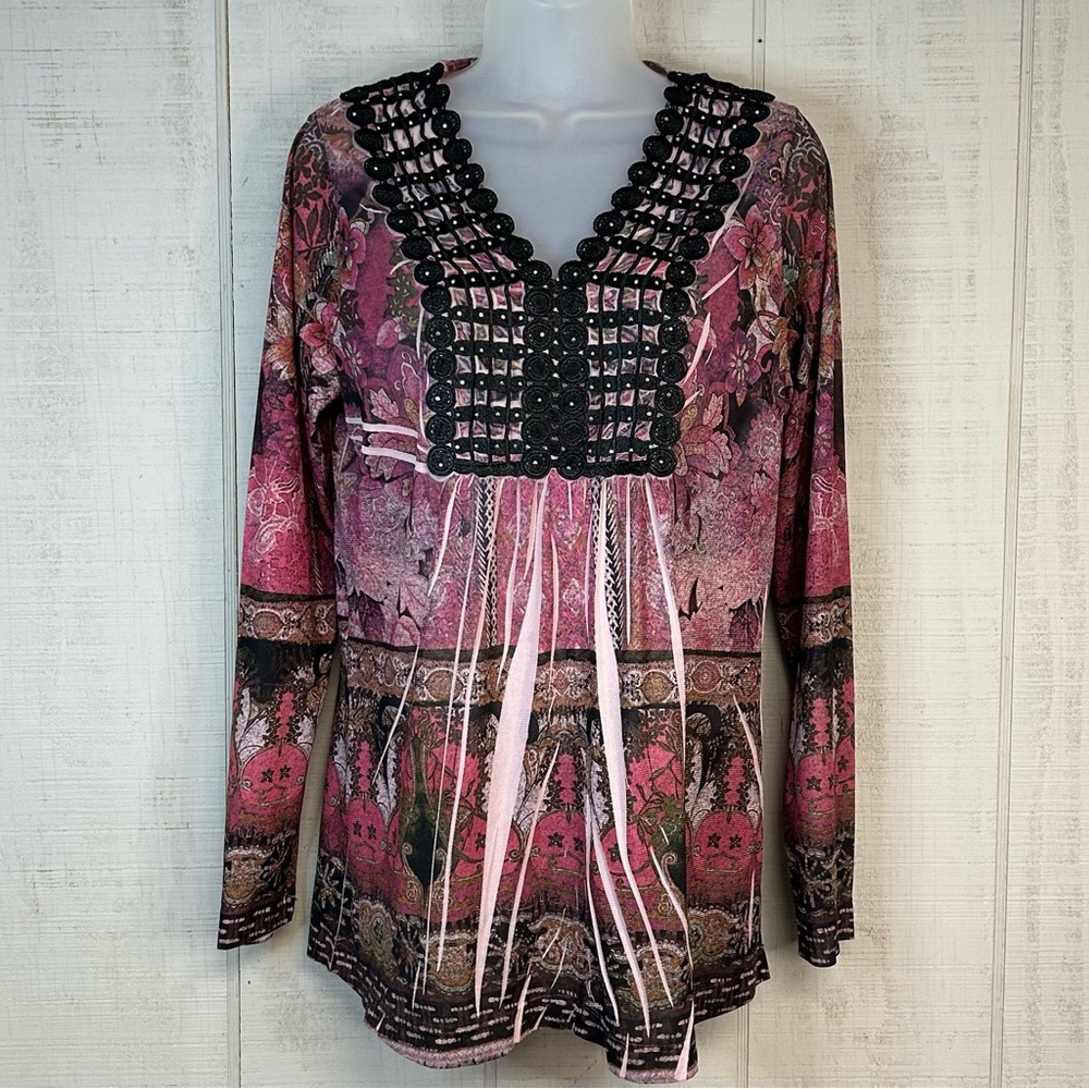 Vintage Y2k Tunic Top‎ Long Sleeve V Neck Embroidered Sparkle Whimsigoth Boho